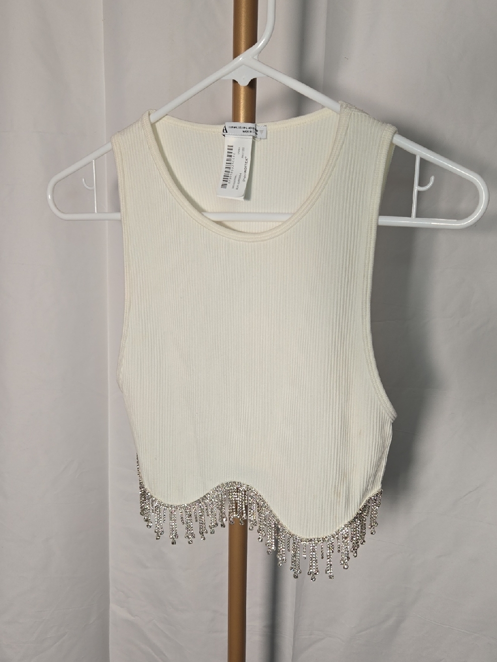 Zara Ivory Ribbed Tank with Crystal Fringe